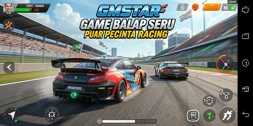Tampilan menarik dari gameplay GMSTAR saat balapan di jalan perkotaan.