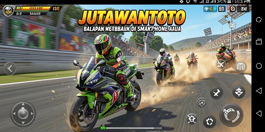 Screenshot gameplay JUTAWANTOTO menampilkan aksi balapan motor yang mendebarkan.