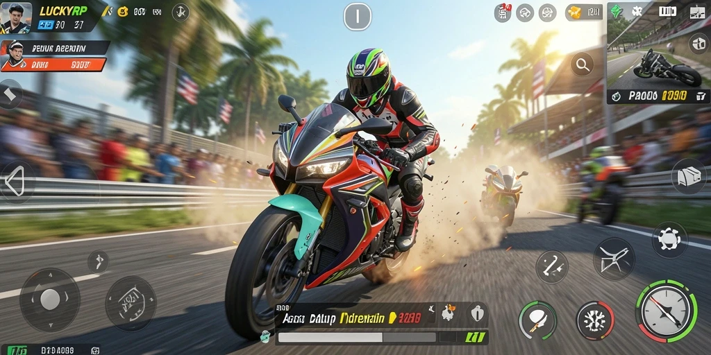 Screenshot LUCKYRP menunjukkan aksi balap motor yang mendebarkan.