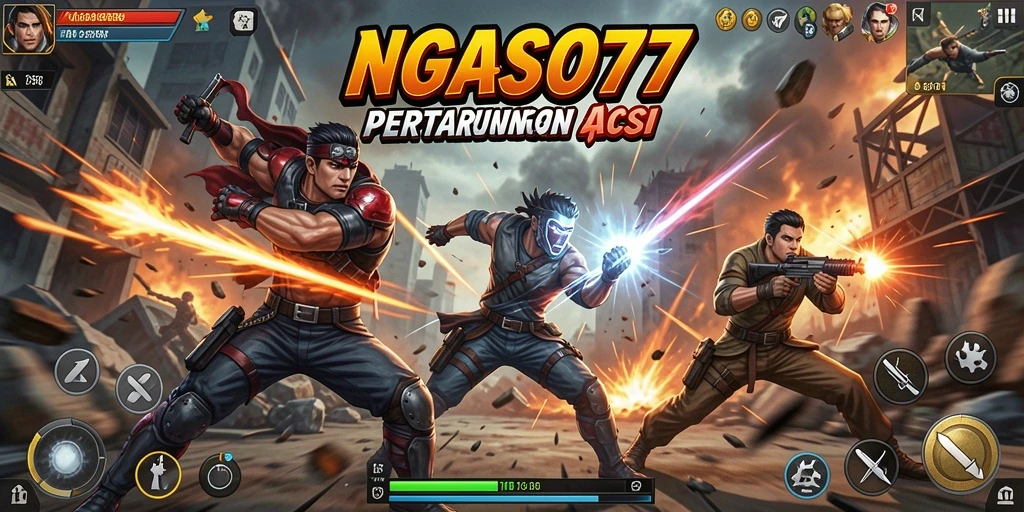 Screenshot gameplay NGASO77 menunjukkan pertempuran intens dan karakter yang beragam.